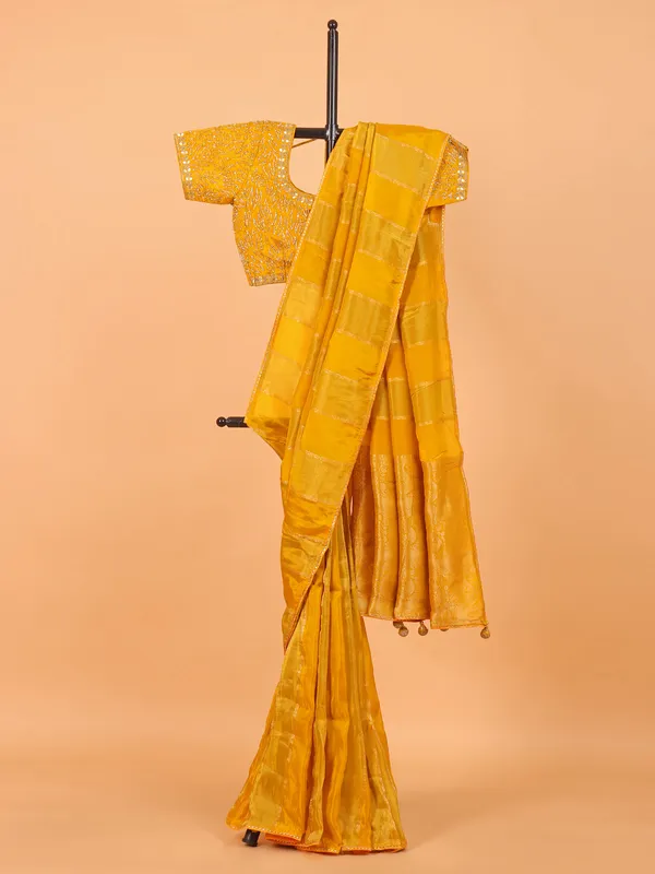 Mustard yellow soft organza saree for haldi