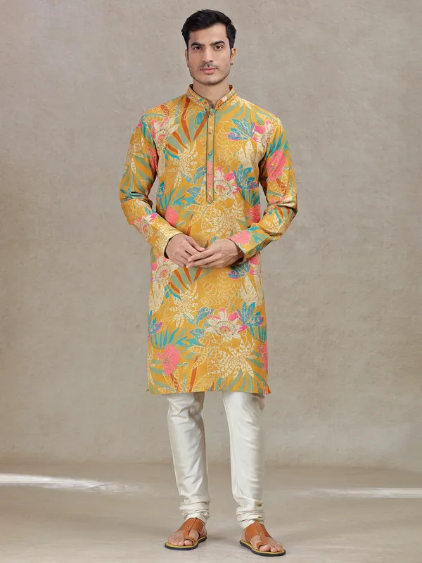 Mustard yellow timeless elegance printed kurta set for men