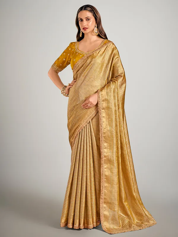 Mustard yellow tissue silk zari weaving saree