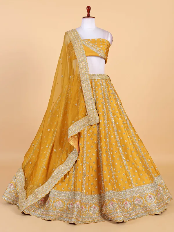 Mustard yellow unstitched raw silk lehenga choli