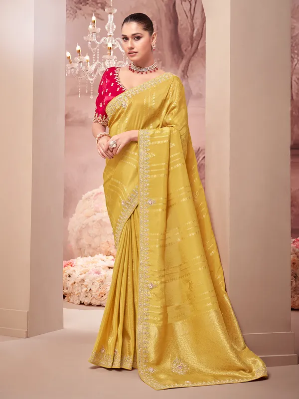 Mustard yellow viscose saree for wedding