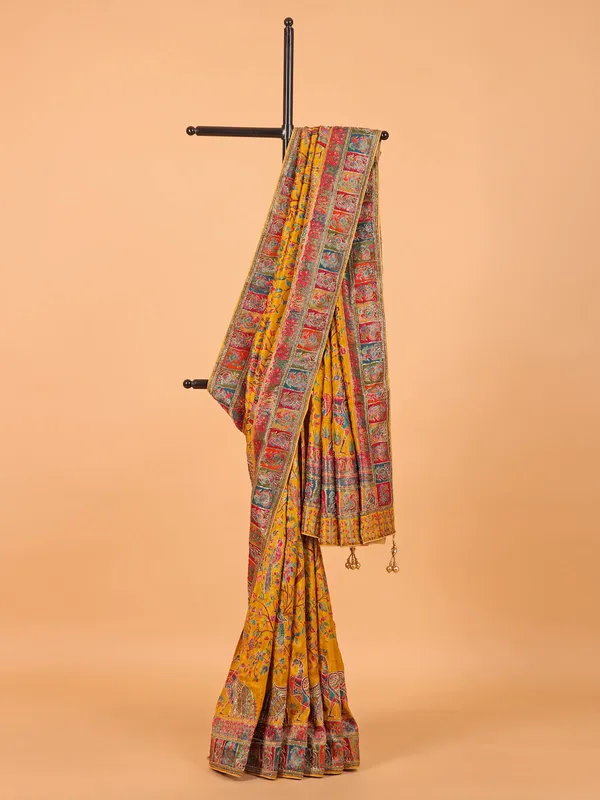 Mustard yellow wedding wear semi pashmina saree