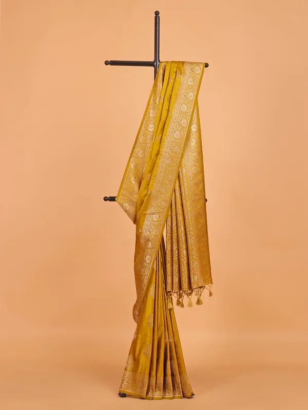 Mustard yellow zari weaving silk saree for festive