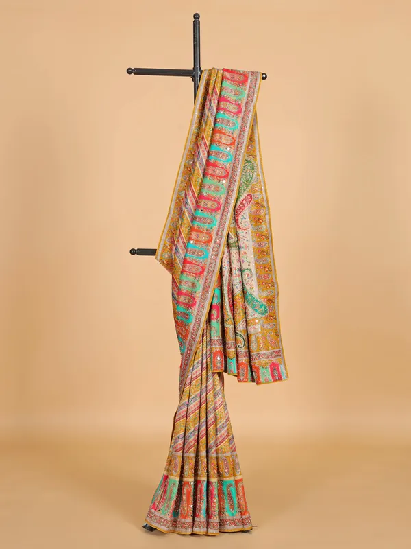Mustard yellow zari worked wedding saree in silk