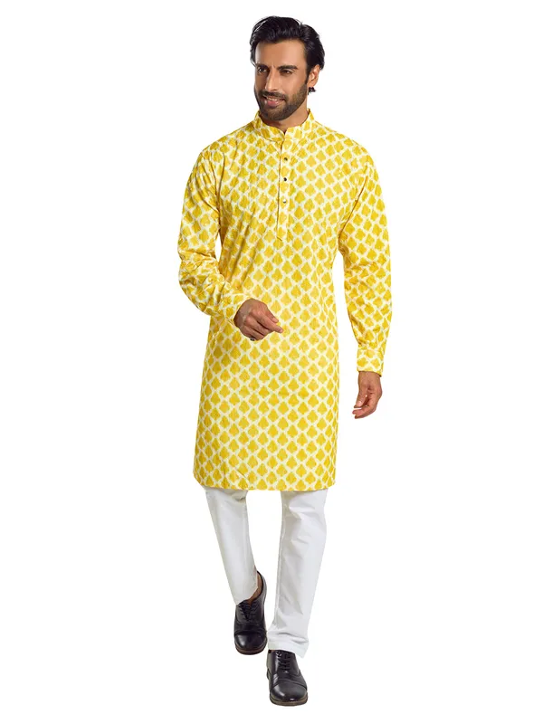 Classic yellow printed cotton kurta suit