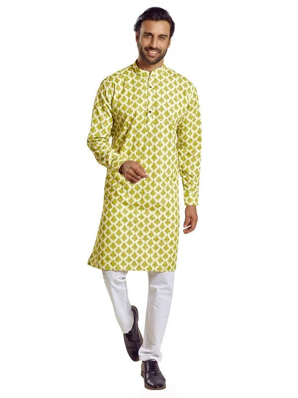 Cotton green printed kurta suit