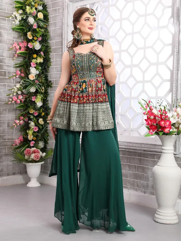 Dark green georgette printed palazzo suit