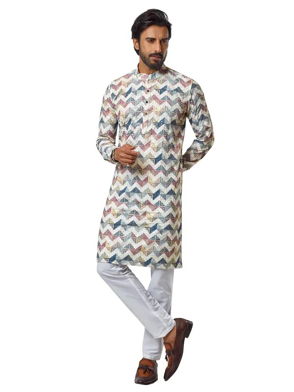 Multi color printed festive cotton kurta suit
