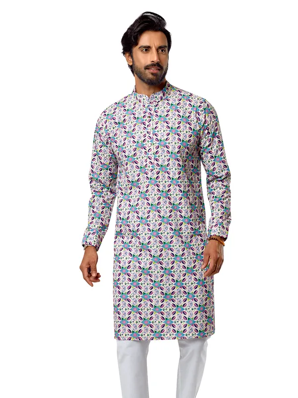 Pink and blue printed cotton kurta suit