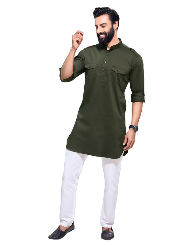 Plain olive cotton  Men Kurta pajama