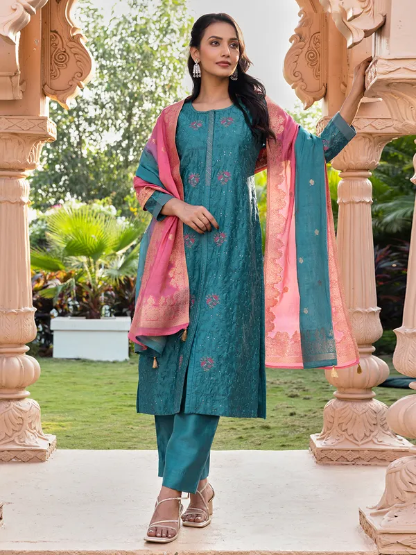 Rama blue floral embroidery salwar suit