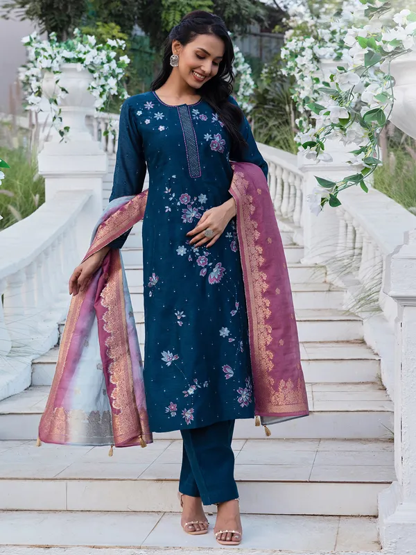 Teal blue floral embroidery salwar suit