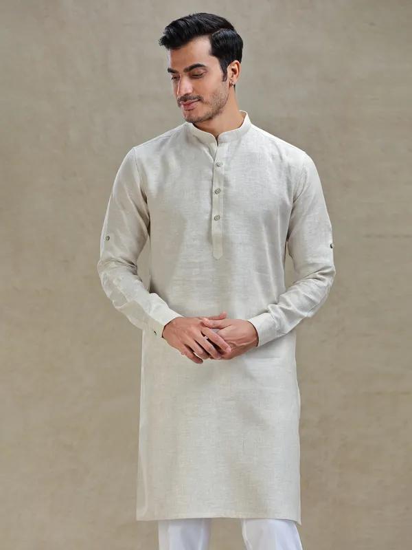 Natural beige linen kurta suit for festive