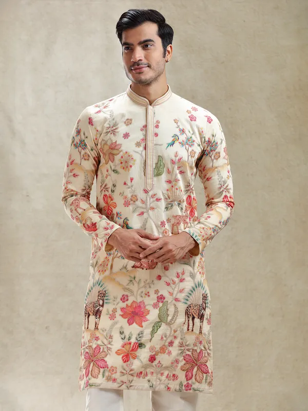 Natural beige printed cotton silk kurta suit