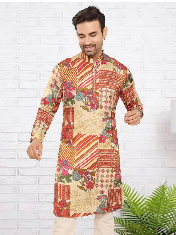 Natural beige printed trendy silk kurta