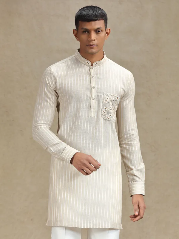 Natural beige serene kurta set in embroidery