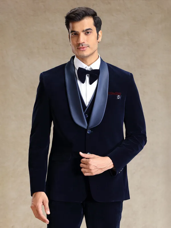Navy 5pcs velvet tuxedo suit for men