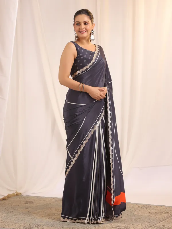 Navy aabla work saree with unstitched blouse
