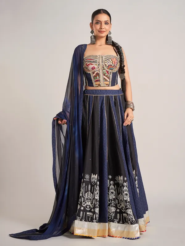 Navy and black silk chaniya choli with mirror work
