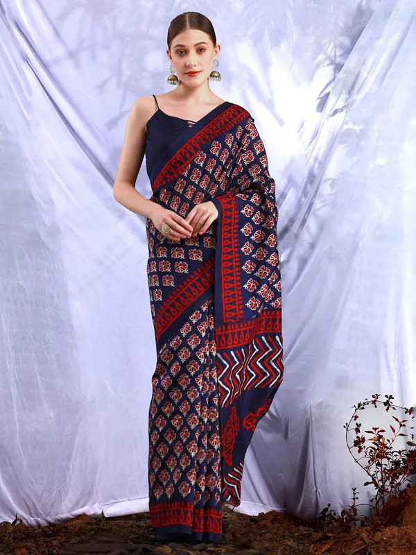 Navy and red bhagalpuri silk saree with prints