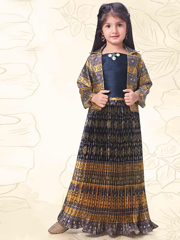 Navy and yellow prinyed lehenga choli