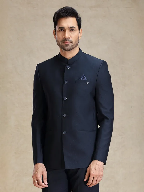 Navy bandh gala style terry rayon jacket suit