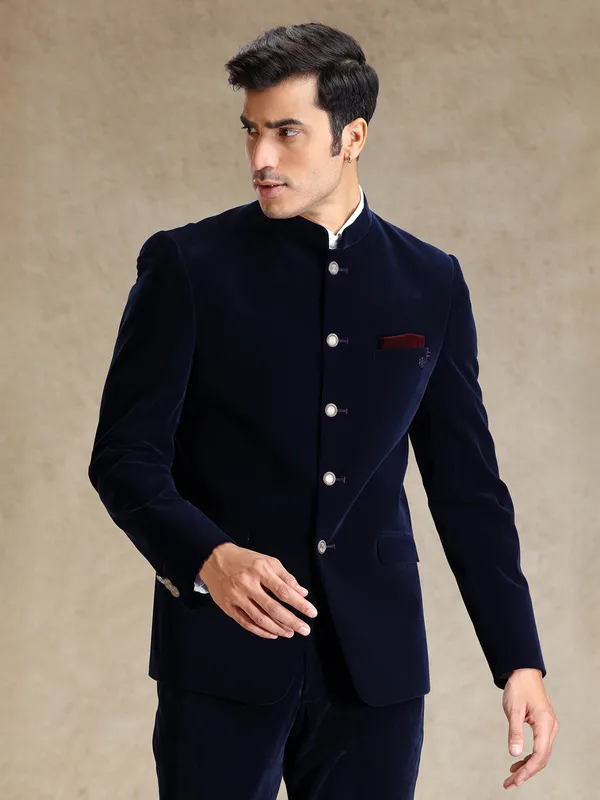 Navy bandh gala velvet jodhpuri suit