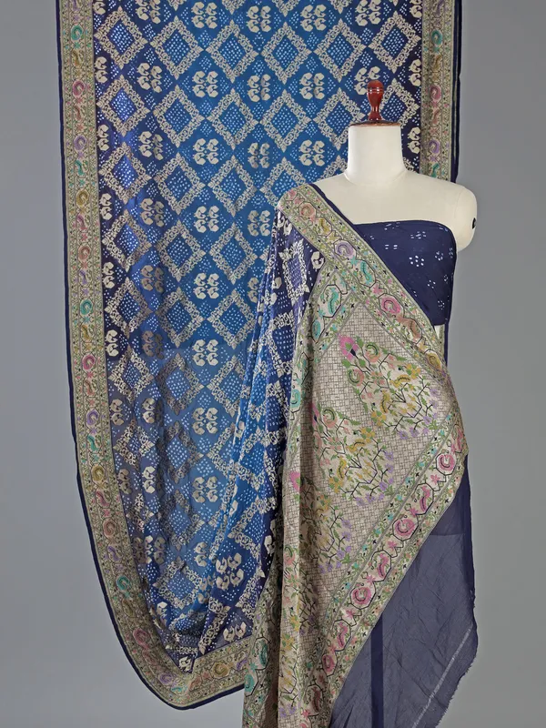 Navy bandhej silk saree with unstitched blouse