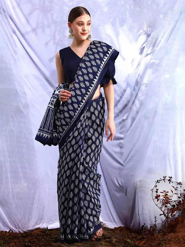 Navy bhagalpuri silk saree in printed