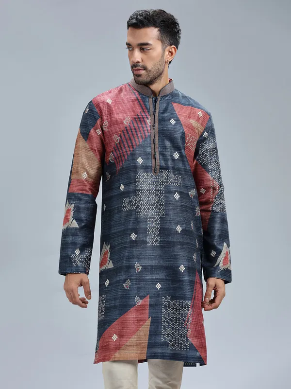 Navy blue cotton silk printed kurta set for men