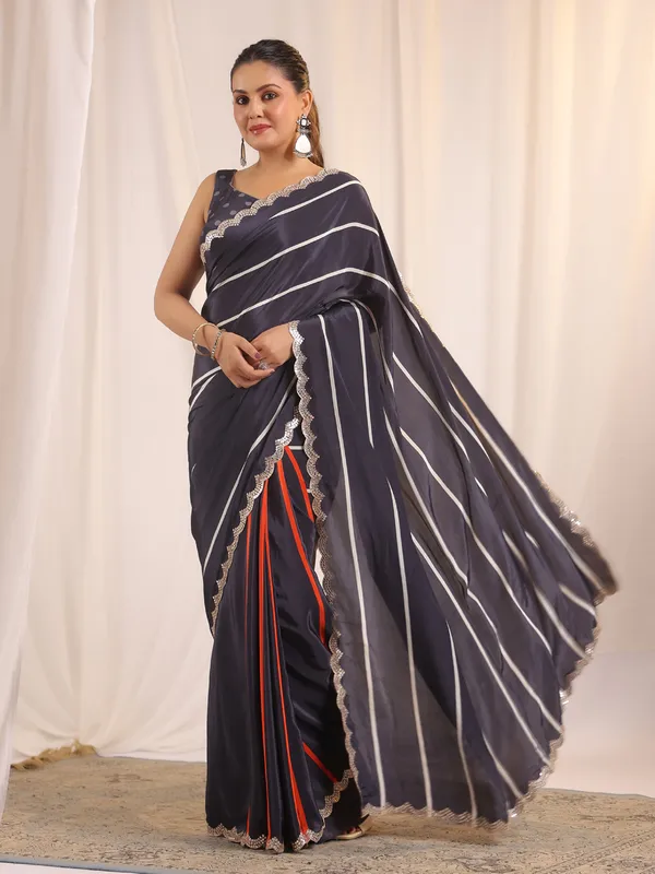 Navy blue crepe silk saree for festive wear