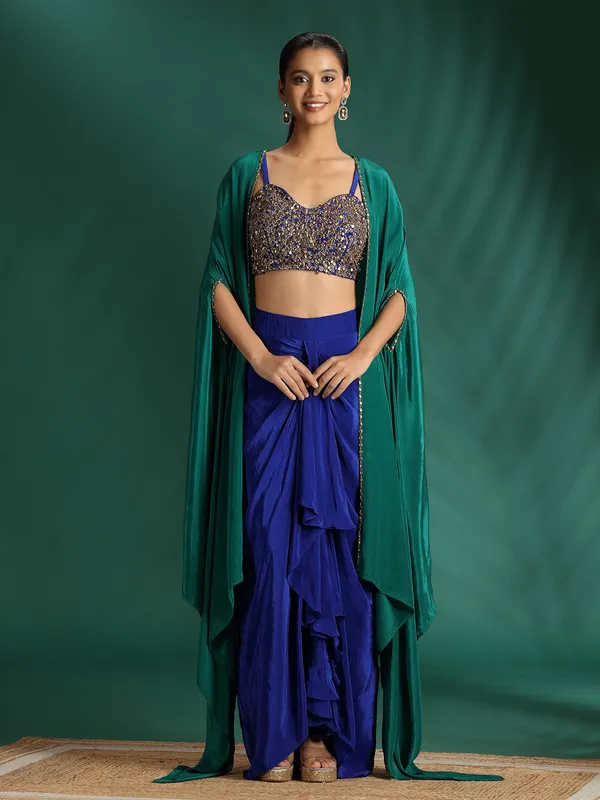 Navy blue embellished silk suit with shrug