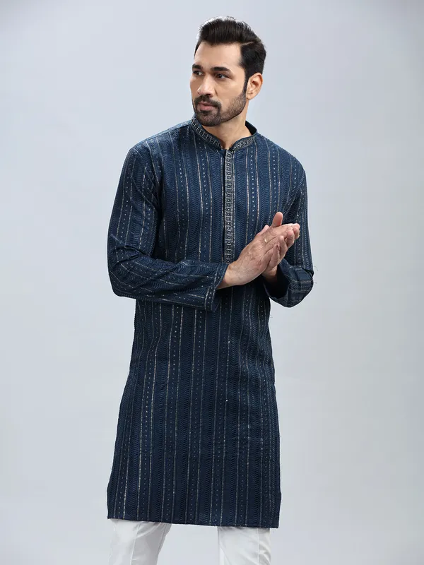 Navy blue georgette based festive style kurta set for men