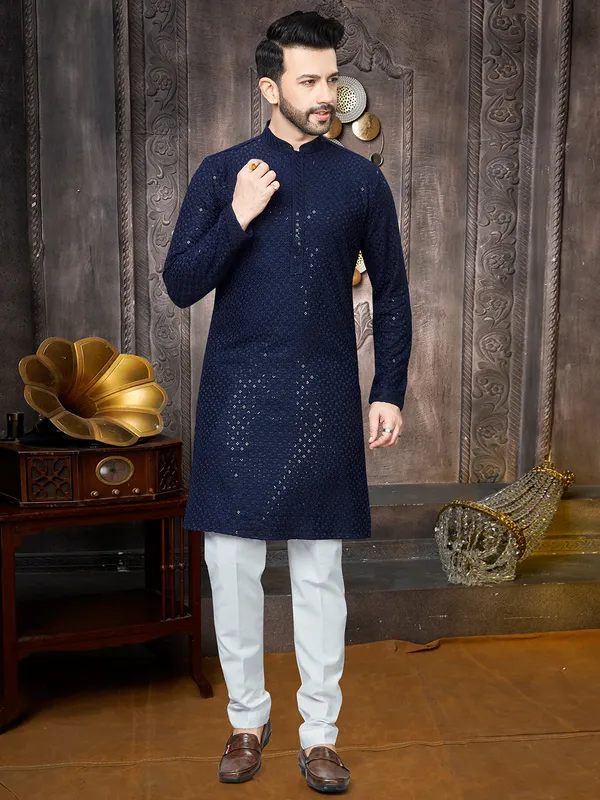 Navy blue georgette sequins kurta suit for men