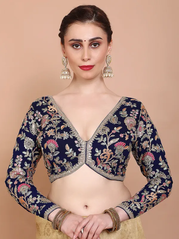 Navy blue georgette V neck ready made blouse