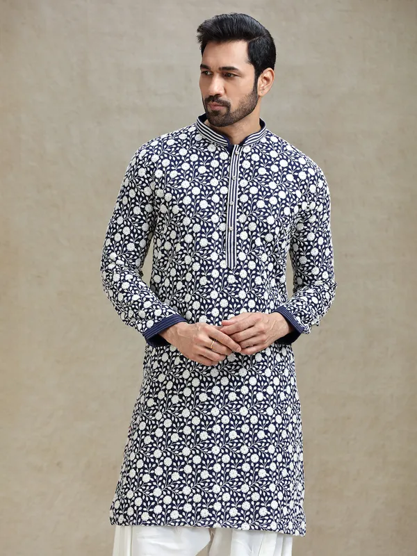 Navy blue mens kurta salwar in embroidery