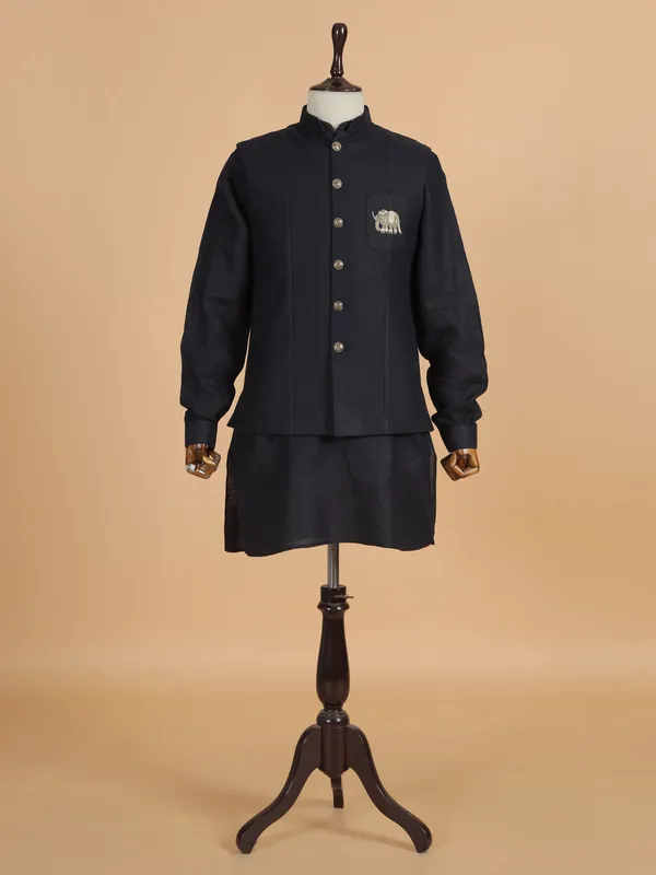 Navy blue raw silk waistcoat set for men
