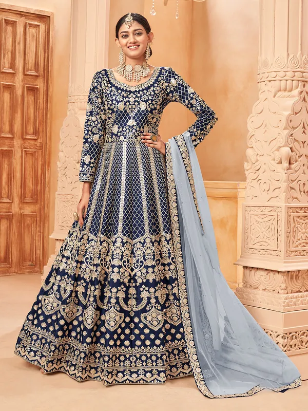 Navy blue silk anarkali suit with traditional zari