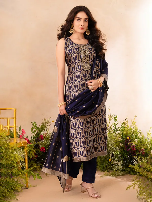 Navy blue silk festive wear elegant salwar suit