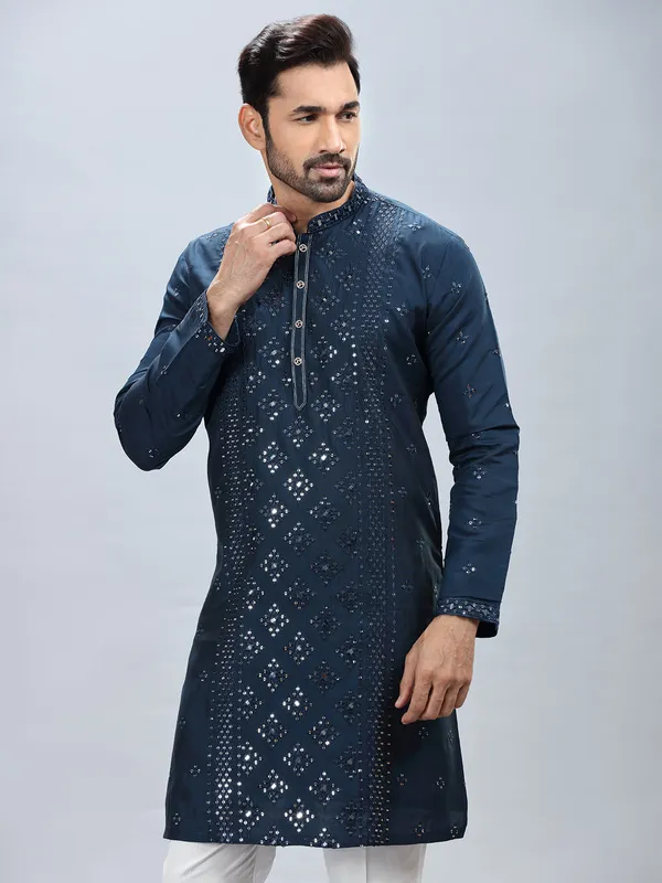 Navy blue silk kurta set for men