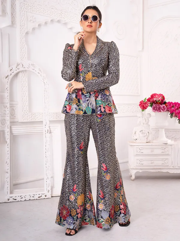 Navy blue silk palazzo suit with sequins Work