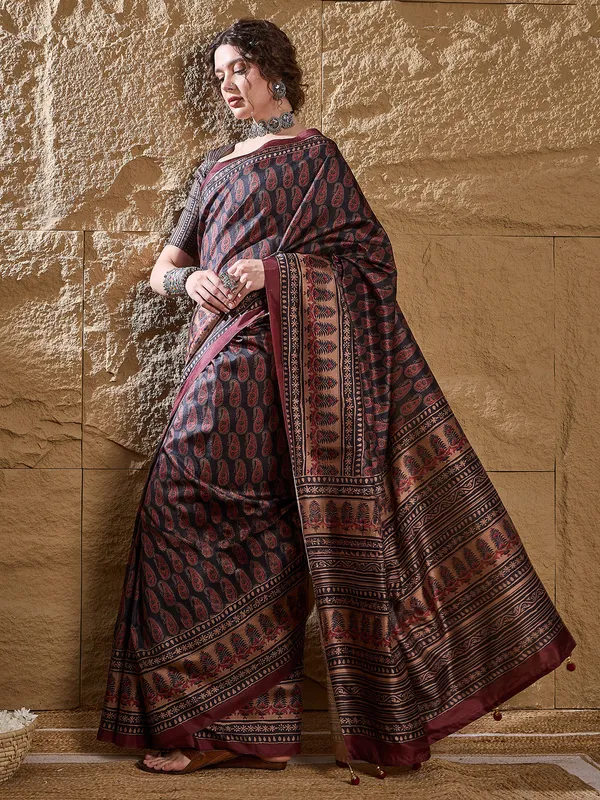 Navy blue silk saree with digital print