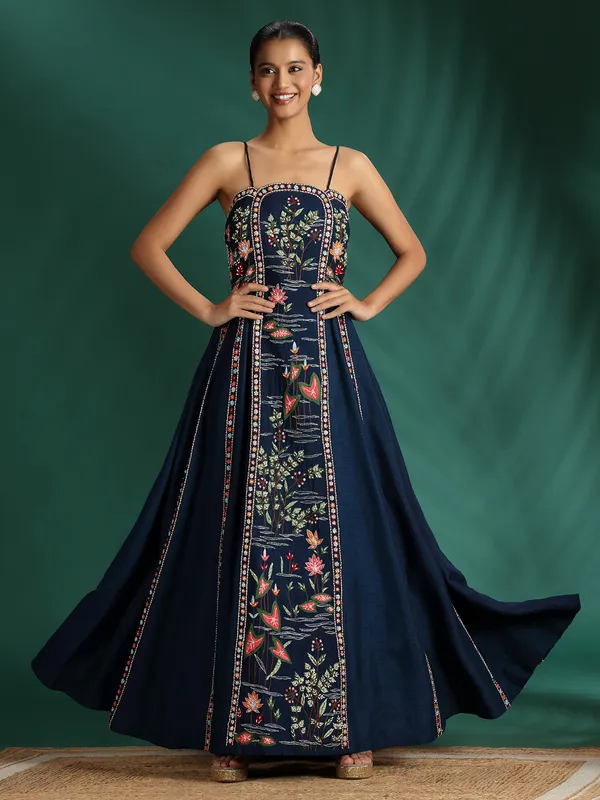 Navy blue silk suit with intricate embellishments