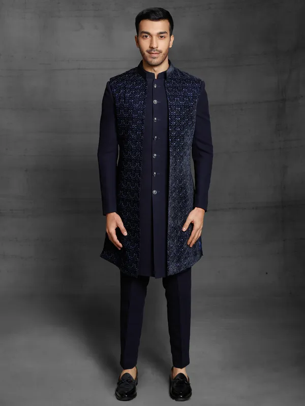 Navy blue terry rayon wedding wear indo western