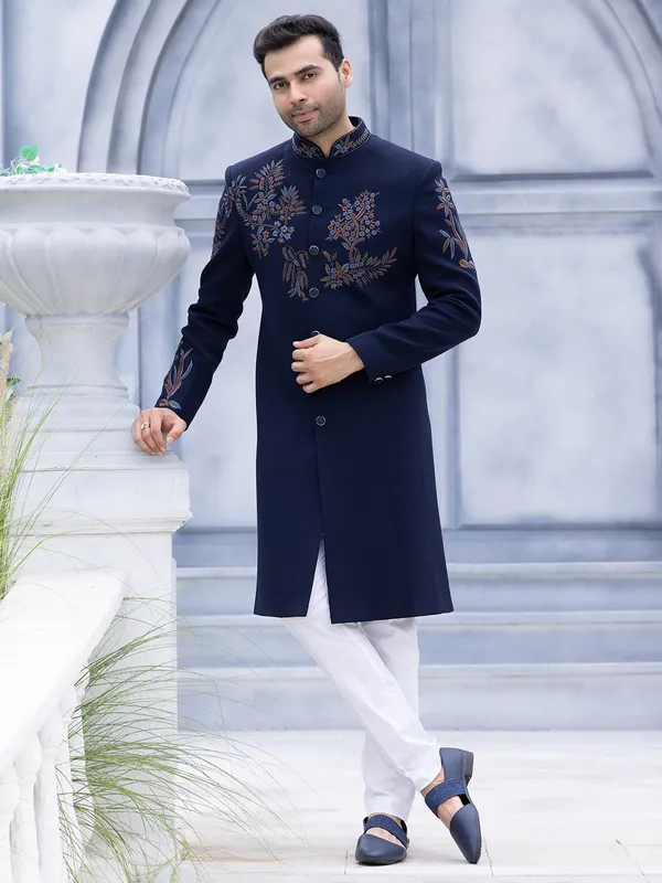 Navy blue textured reception wear Indowestern