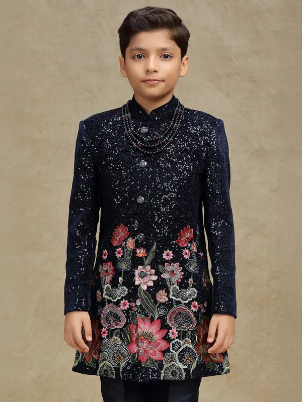 Navy boys indo western set in velvet