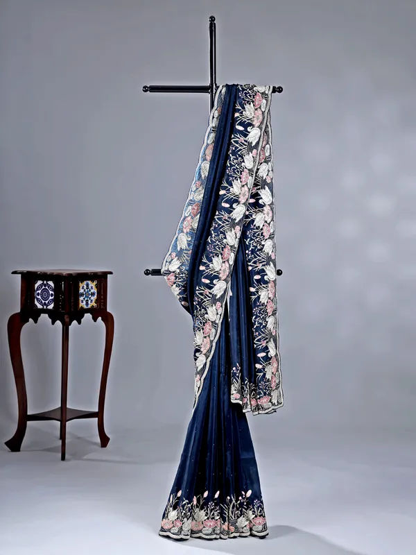 Navy chinon silk saree for reception look