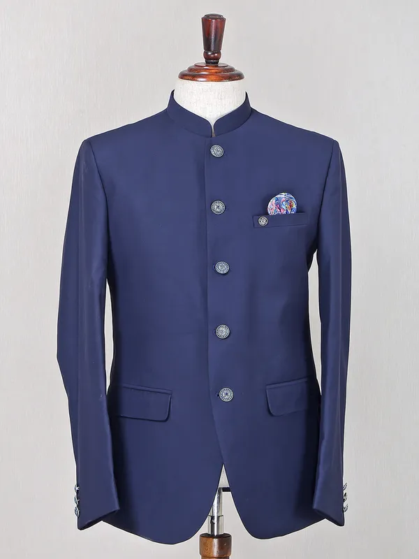 Navy color solid jodhpuri suit in terry rayon