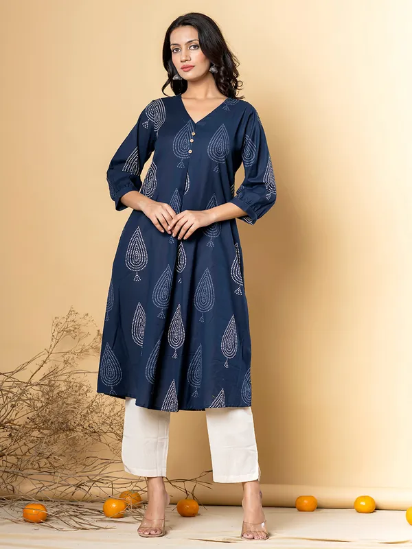 Navy cotton cotton silk printed kurti set for women