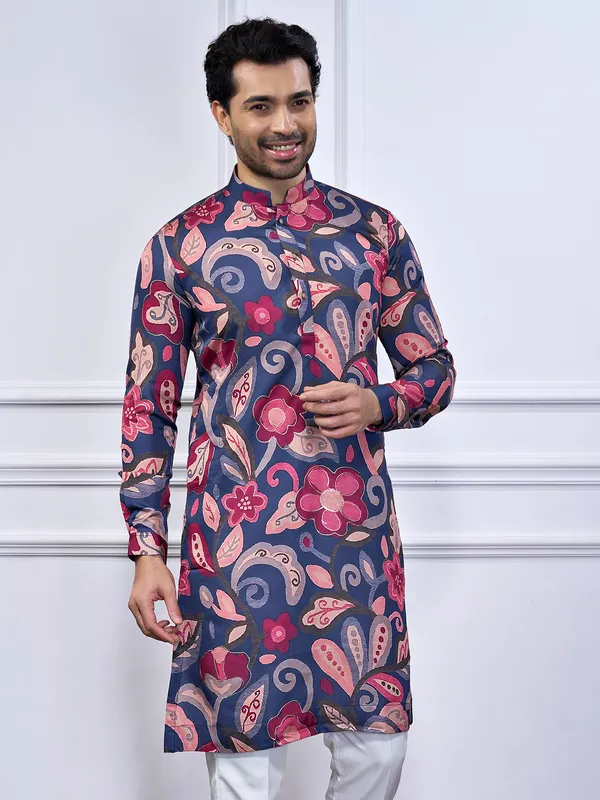 Navy cotton festival wear printed kurta suit